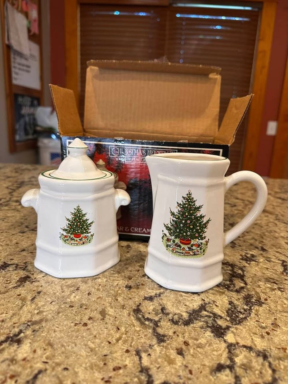 Pfaltzgraff vintage Christmas Tree/Green Rim Sugar and Creamer Set